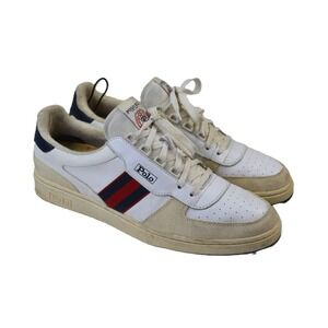 Polo Ralph Lauren Court Sneakers White Leather Suede Red Navy Stripe Mens 13 J21